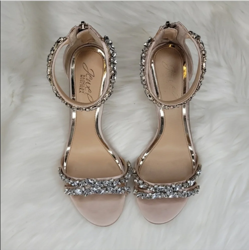 JEWEL BADGLEY MISCHKA Caroline Embellished Strap Evening Shoe Heels Champagne
